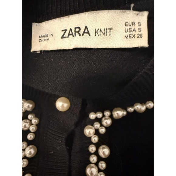ZARA KNIT Black Faux Pearl Embellished Cardigan Sweater Womens Size Small Beaded - Picture 2 of 5